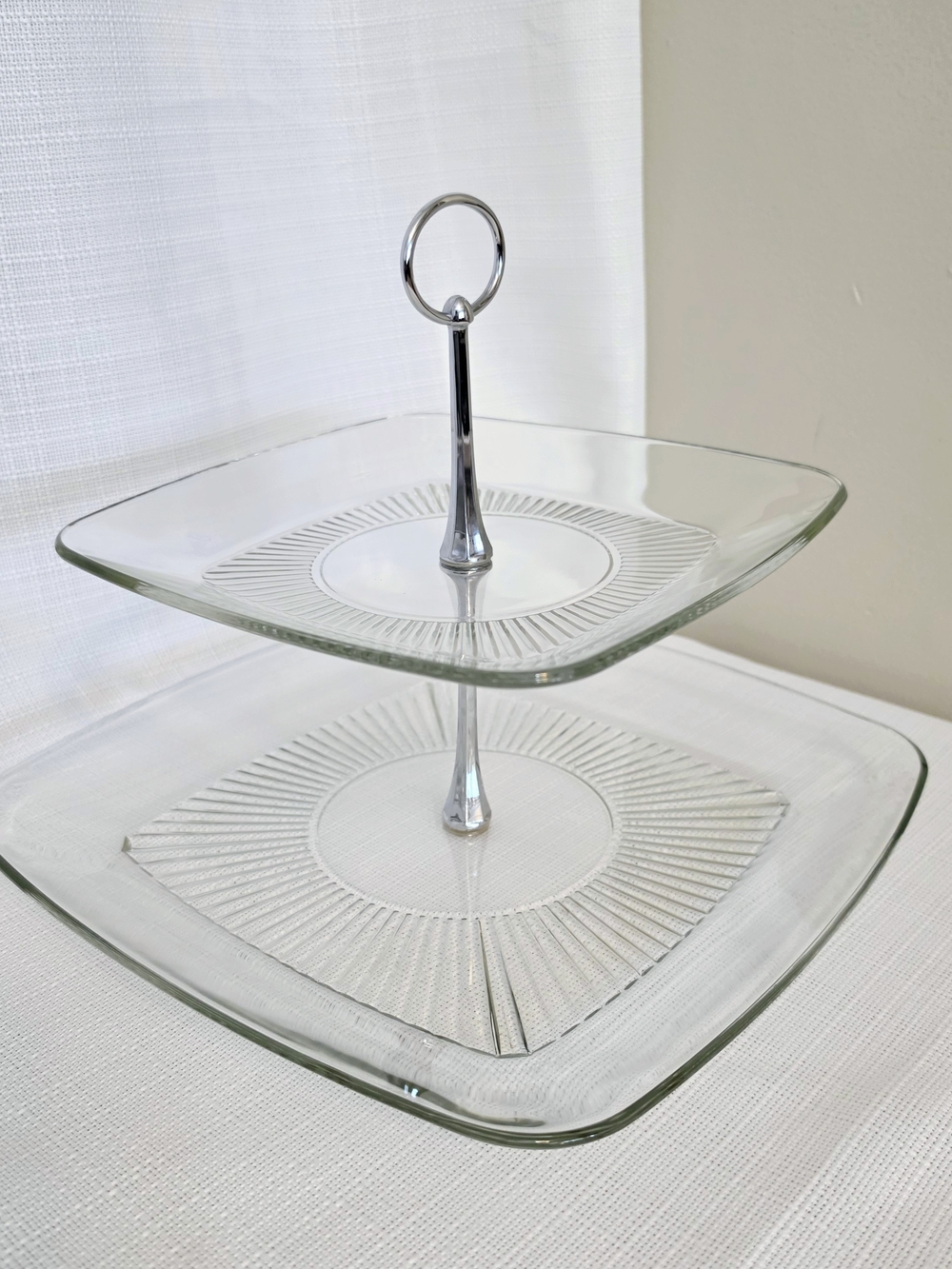 Vtg Anchor Hocking 2 Tier Glass Tidbit Tray Heavy Union Square Ribbed 12" Plate